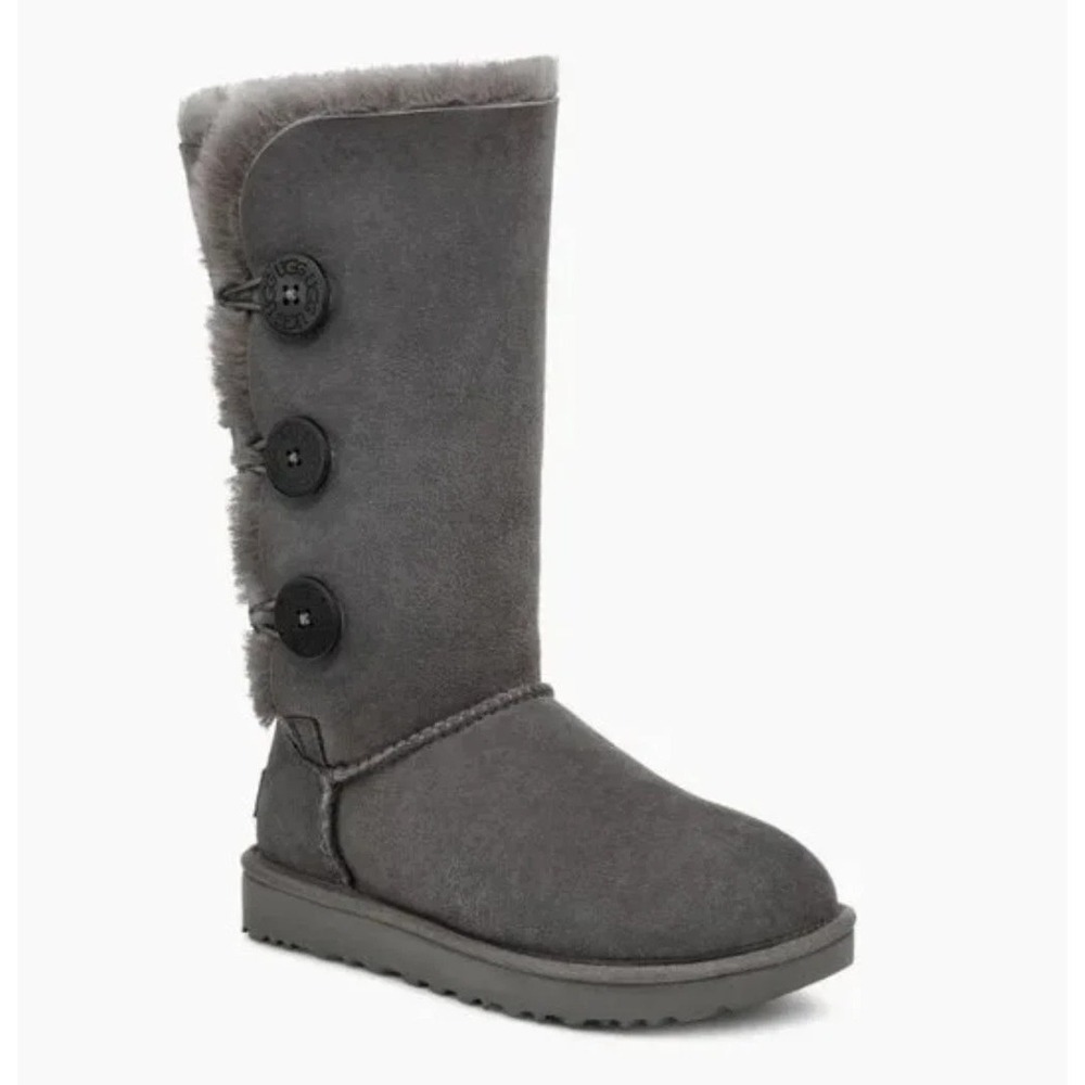 NEW UGG Bailey Button Triplet II Tall Boots Womens 5 Grey Suede Sheepskin